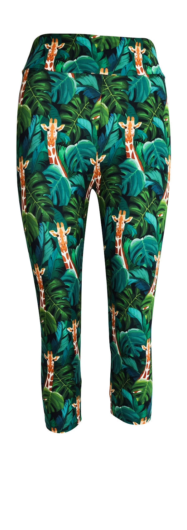 Kids leggings with jungle giraffe print and green leaves on black background