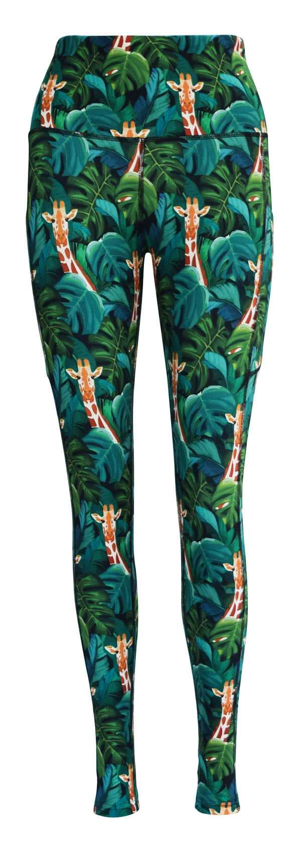 Jungle Giraffe leggings with deep side pockets and structured stitching featuring green tropical leaves and giraffe print