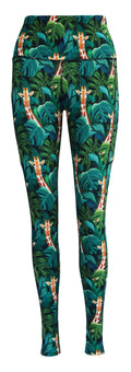 Jungle Giraffe leggings with deep side pockets and structured stitching featuring green tropical leaves and giraffe print