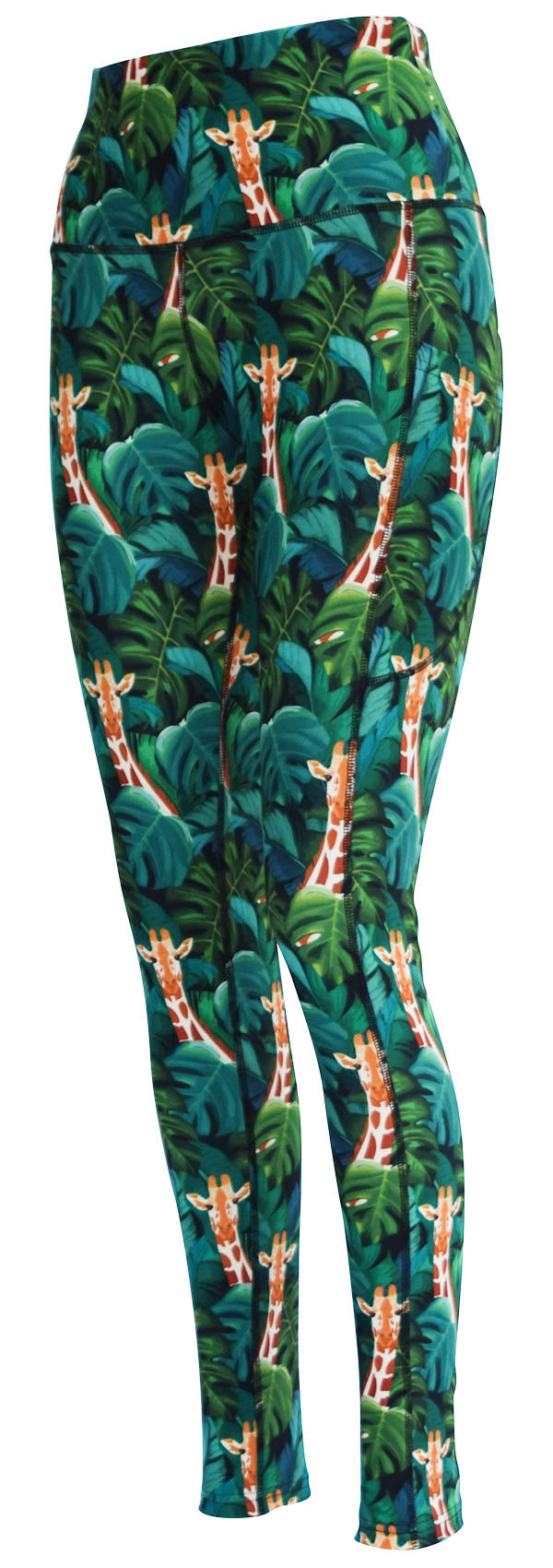 Jungle Giraffe leggings with deep side pockets and structured stitching in green leafy print with giraffes
