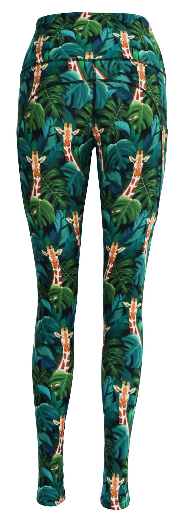 Jungle Giraffe leggings with deep side pockets and tropical leaf print