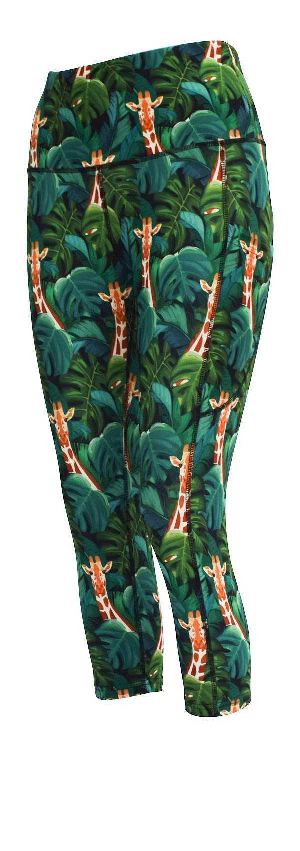 Jungle Giraffe print leggings with deep side pockets and structured stitching for added comfort and storage.