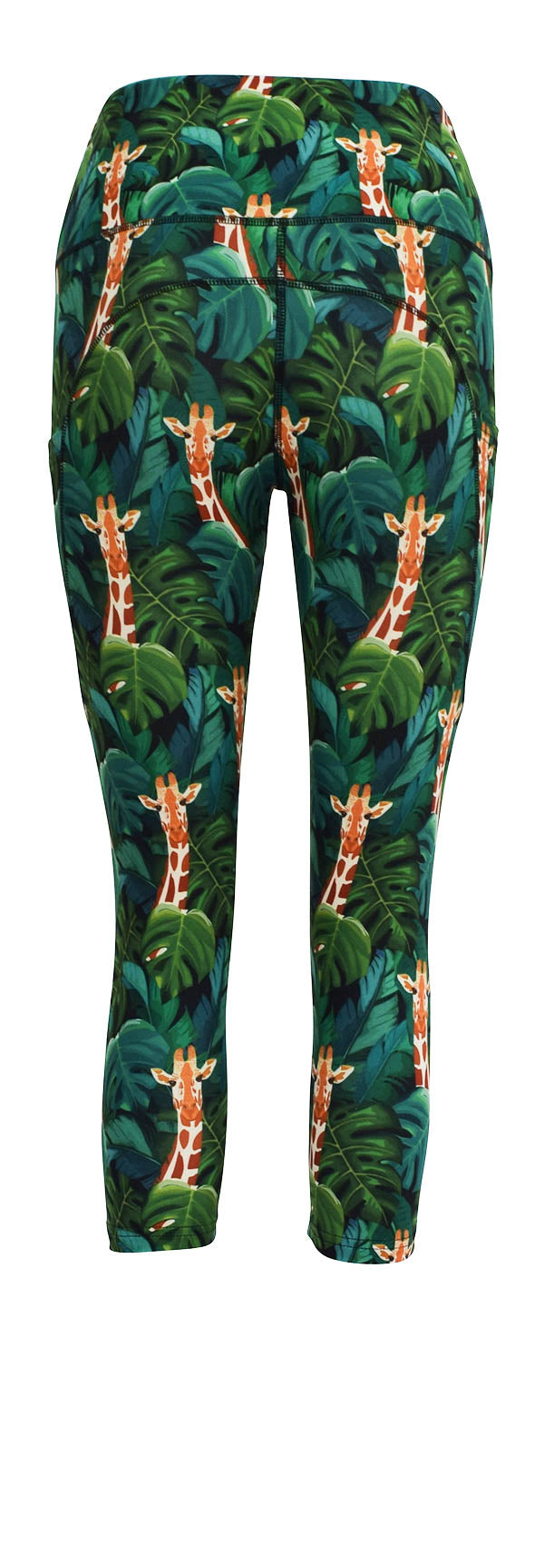Jungle Giraffe leggings with deep side pockets and structured stitching in green leafy pattern