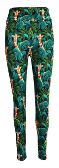 Leggings with jungle giraffe and green leaf pattern on black background