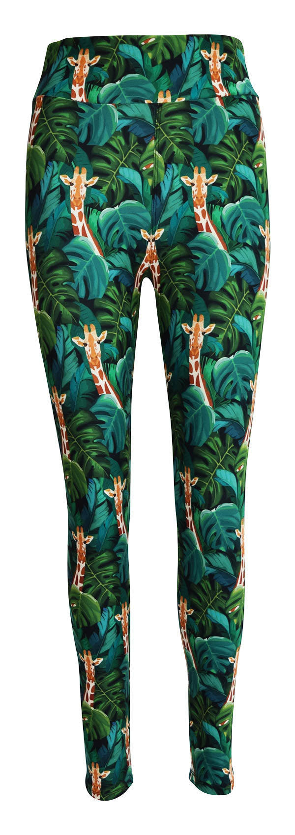 Leggings with jungle giraffe and green leaf pattern on black background