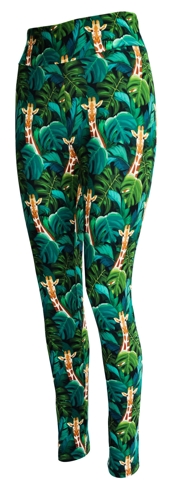 Leggings with jungle giraffe pattern among green leaves on black background