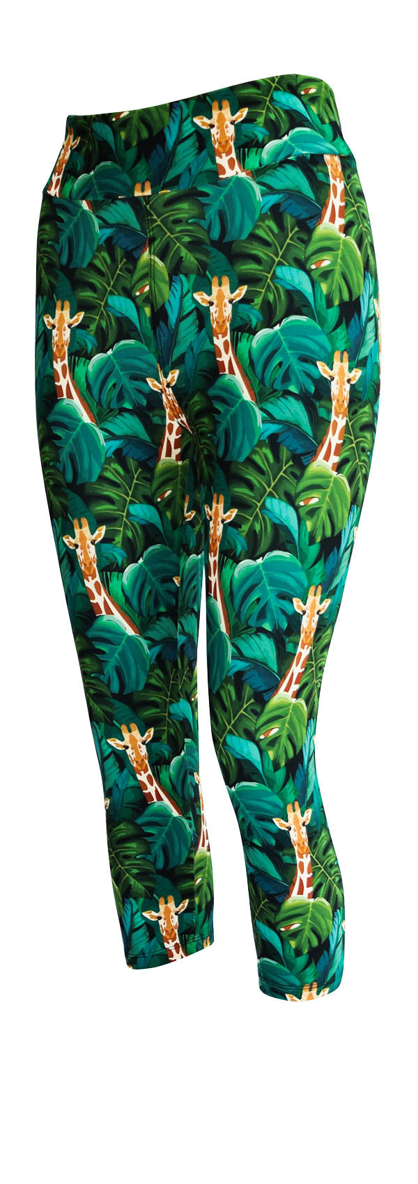 Leggings with jungle giraffes peeking through green leaves on black background