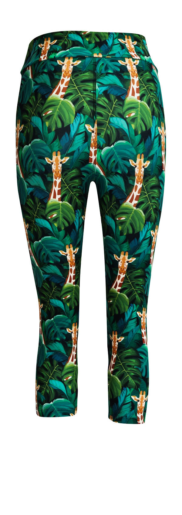 Black leggings with jungle giraffe and green leaf print design