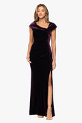 "Katrina" Velvet Asymmetrical Neckline Cap Sleeve Dress