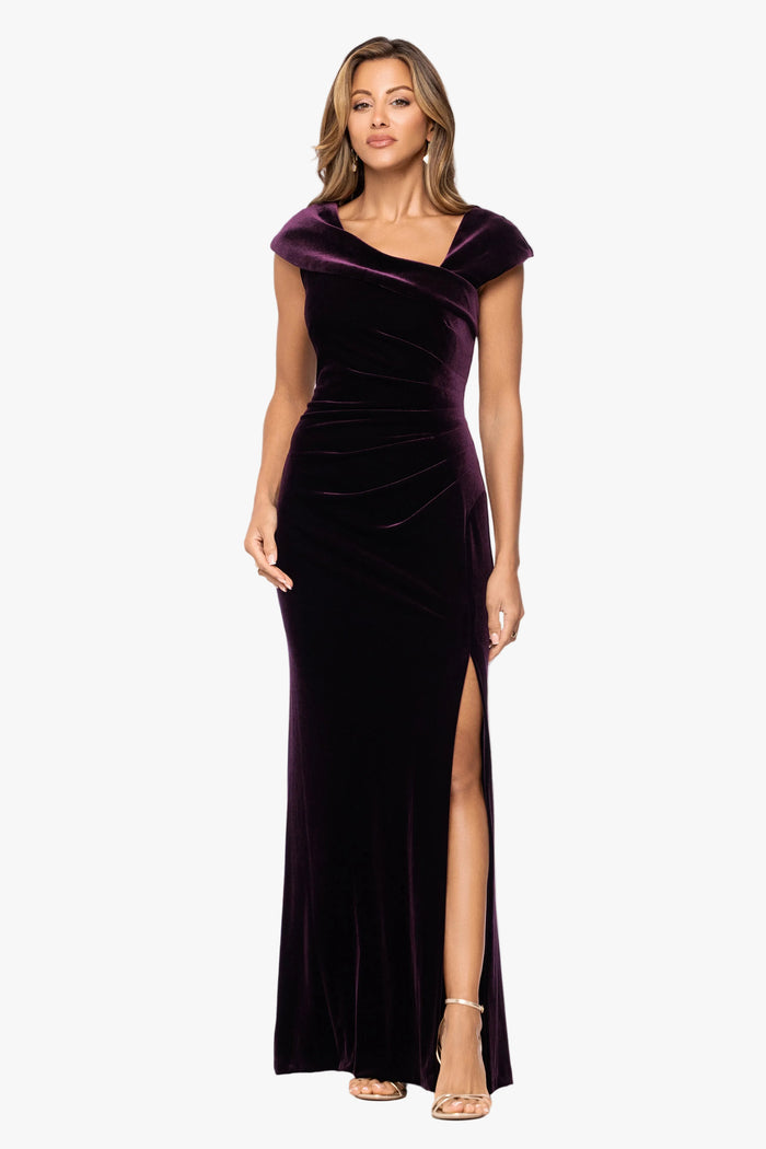 "Katrina" Velvet Asymmetrical Neckline Cap Sleeve Dress