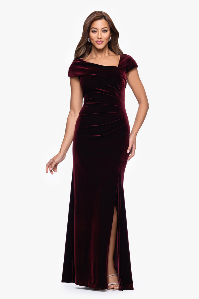 Burgundy “Katrina” Velvet Asymmetrical Neckline Cap Sleeve Dress, front view