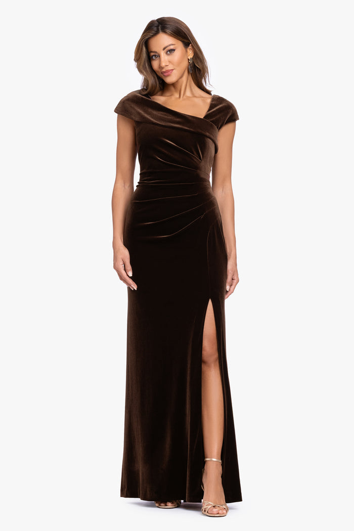 Brown “Katrina” Velvet Asymmetrical Neckline Cap Sleeve Dress, front view