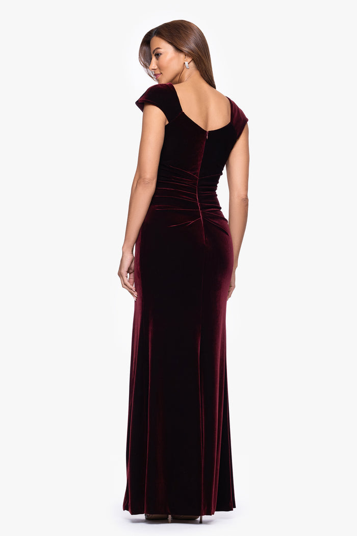 Burgundy “Katrina” Velvet Asymmetrical Neckline Cap Sleeve Dress, back view