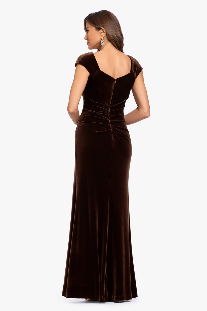 Brown “Katrina” Velvet Asymmetrical Neckline Cap Sleeve Dress, back view