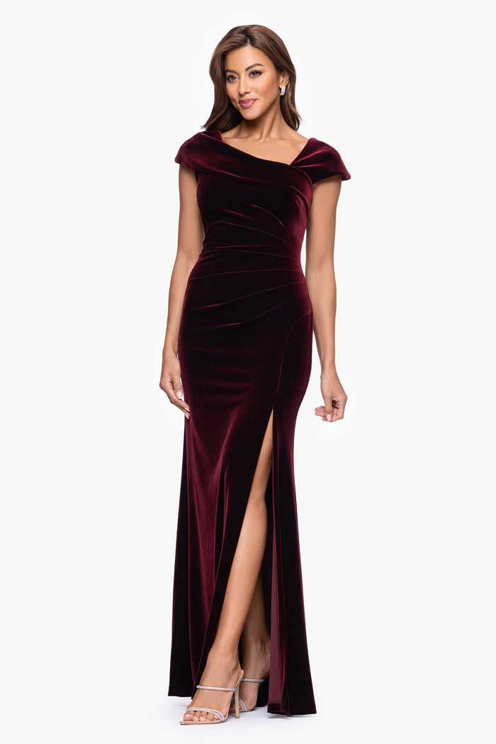 Burgundy “Katrina” Velvet Asymmetrical Neckline Cap Sleeve Dress, alternate front view with side slit