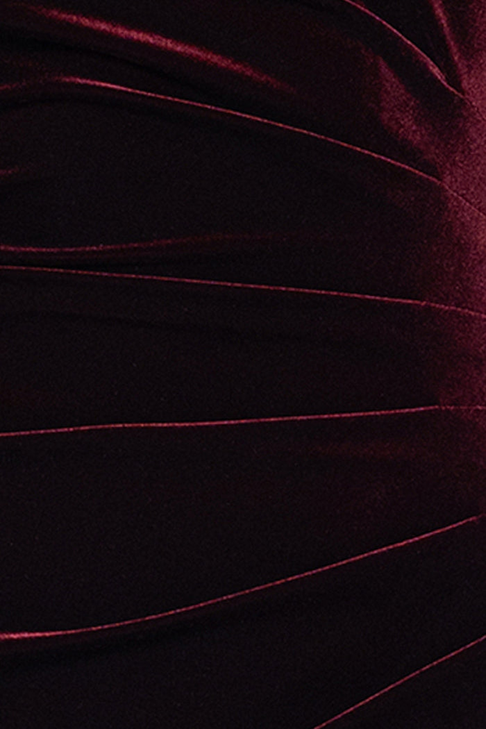 Burgundy “Katrina” Velvet Asymmetrical Neckline Cap Sleeve Dress, velvet fabric and ruching detail