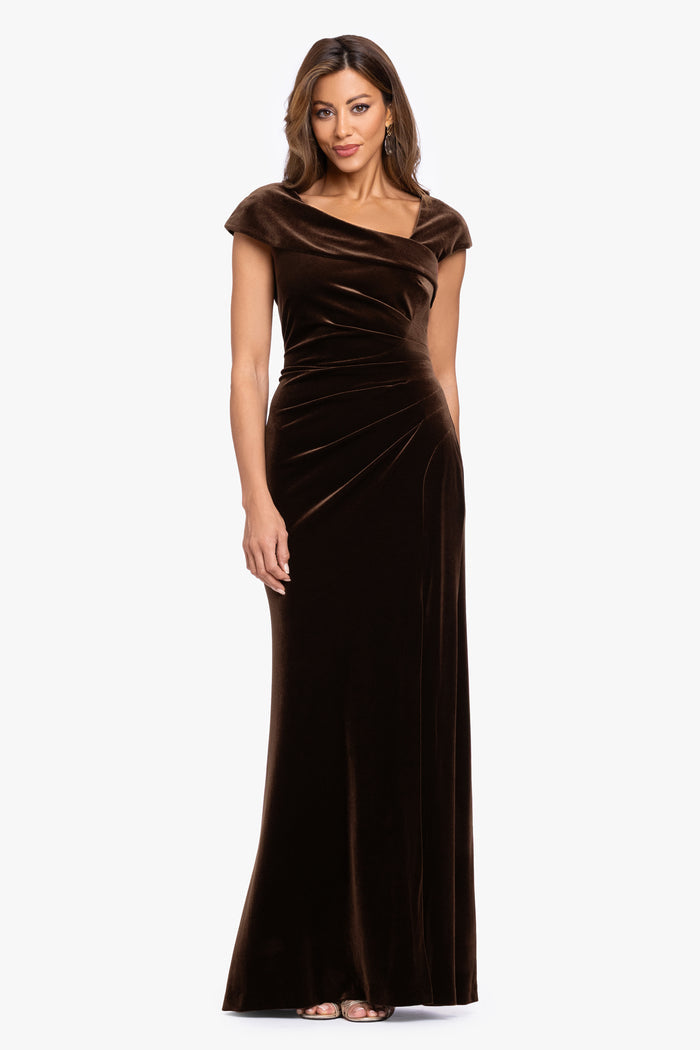 Brown “Katrina” Velvet Asymmetrical Neckline Cap Sleeve Dress, shown while walking with skirt movement