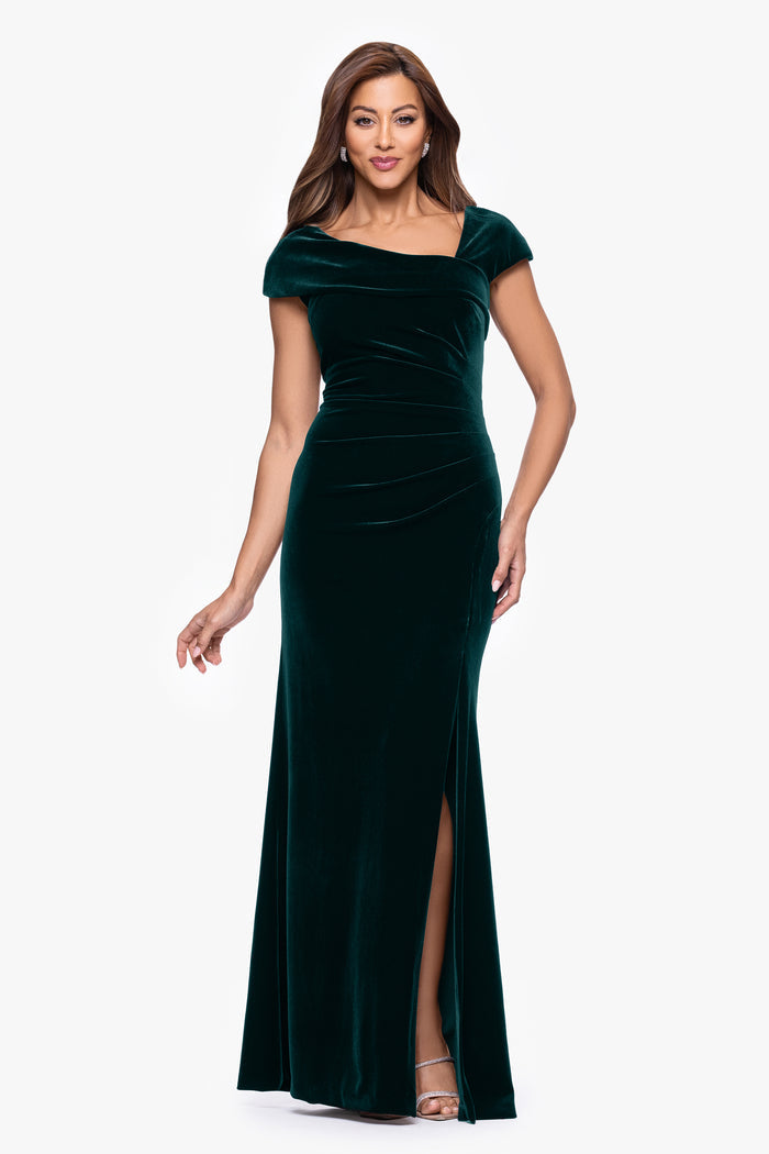 Hunter “Katrina” Velvet Asymmetrical Neckline Cap Sleeve Dress, alternate front view with side slit