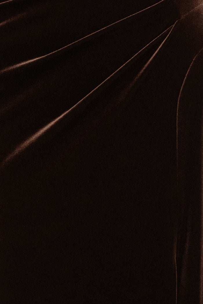 Brown “Katrina” Velvet Asymmetrical Neckline Cap Sleeve Dress, velvet fabric and ruching detail