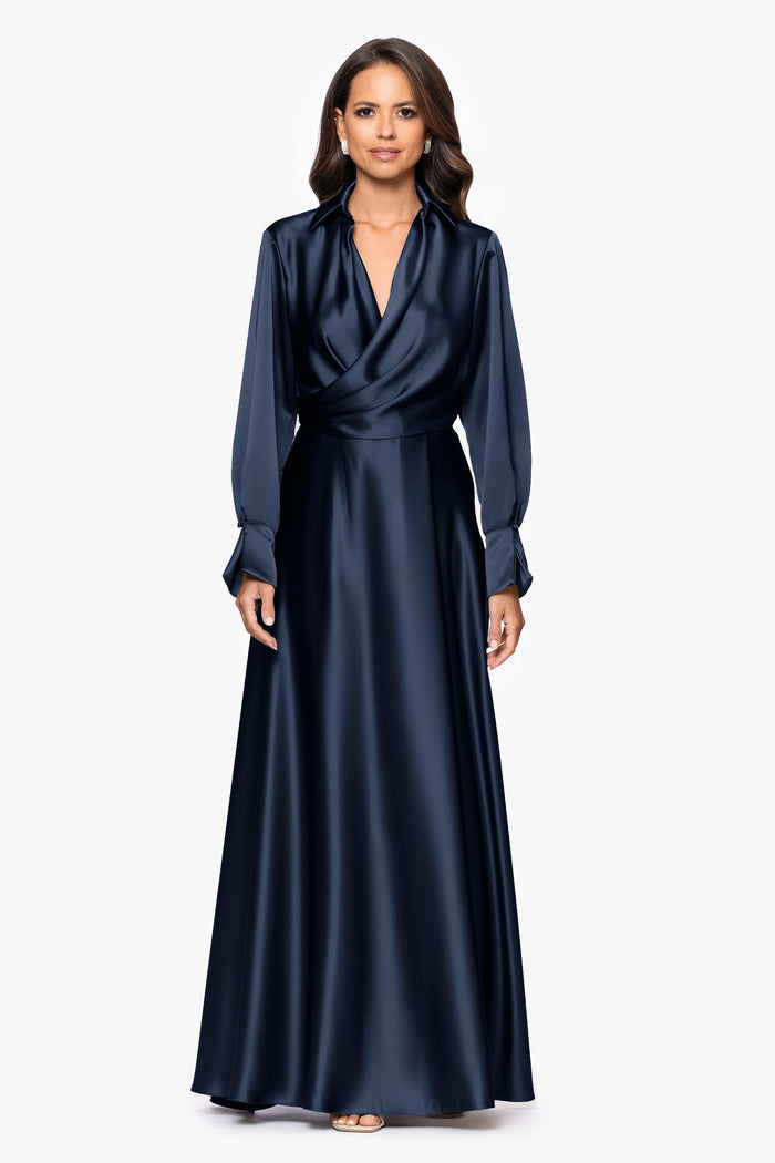 Navy “Kelandra” Satin Collared V-Neck Long Sleeve Dress, front view