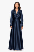 Navy “Kelandra” Satin Collared V-Neck Long Sleeve Dress, front view