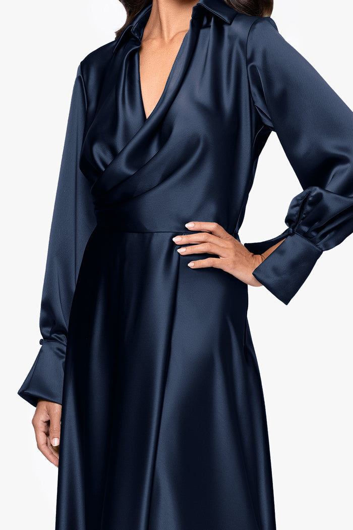 Navy “Kelandra” Satin Collared V-Neck Long Sleeve Dress, draped collar, V-neckline, and cuffed sleeve detail