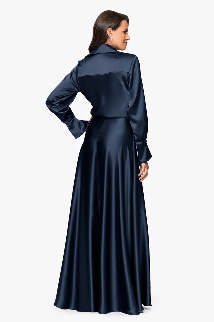 Navy “Kelandra” Satin Collared V-Neck Long Sleeve Dress, back view