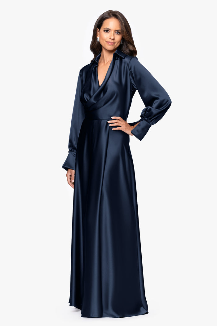 Navy “Kelandra” Satin Collared V-Neck Long Sleeve Dress, angled three-quarter view