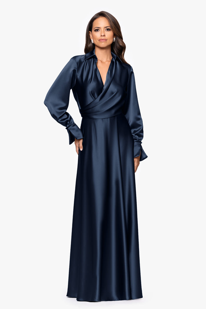 Navy “Kelandra” Satin Collared V-Neck Long Sleeve Dress, alternate front view