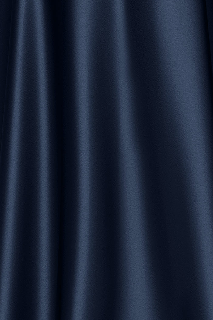 Navy “Kelandra” Satin Collared V-Neck Long Sleeve Dress, satin fabric detail