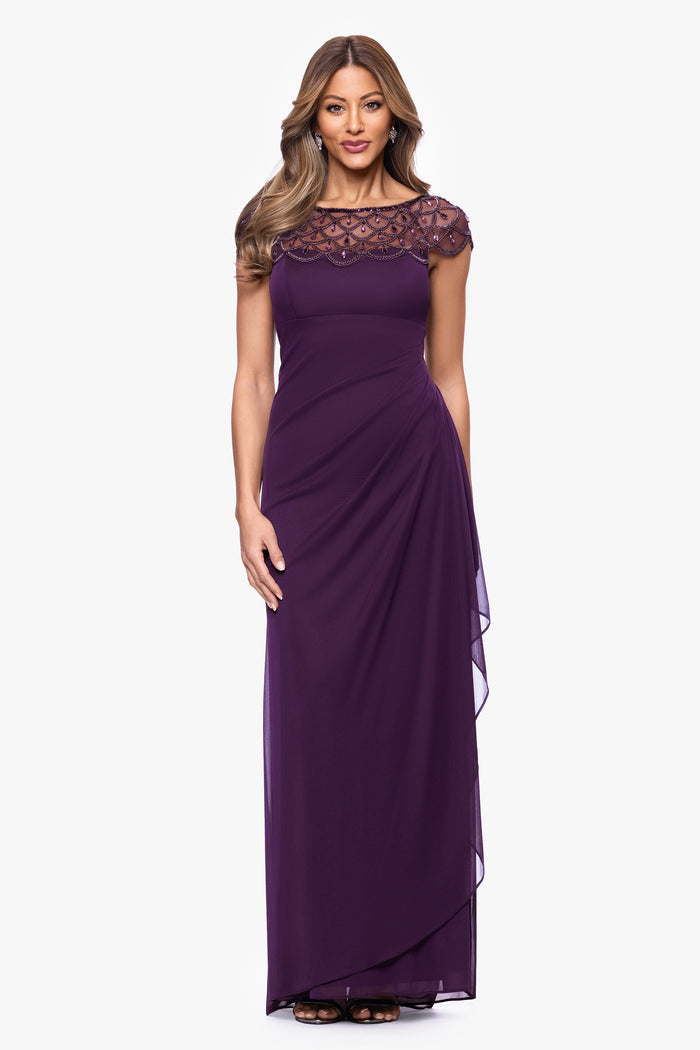 Plum “Khloe” Sheer Matte Jersey Embellished Ruffle Dress, front view
