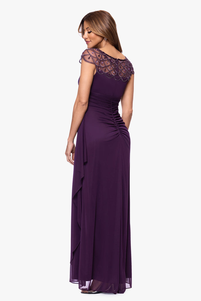 Plum “Khloe” Sheer Matte Jersey Embellished Ruffle Dress, back view