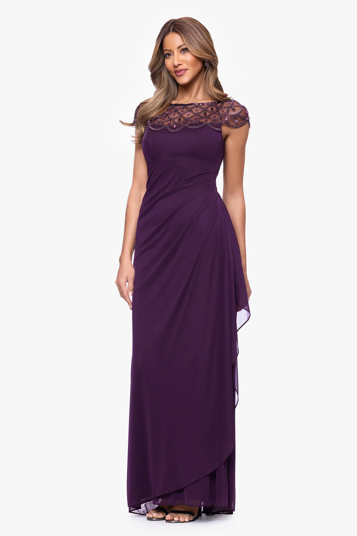 Plum “Khloe” Sheer Matte Jersey Embellished Ruffle Dress, alternate front view