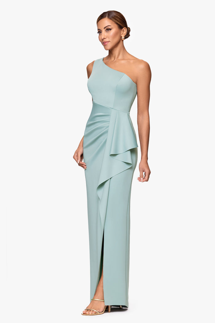 Sage “Klaudia” Scuba Crepe One Shoulder Dress, angled three-quarter view with front slit