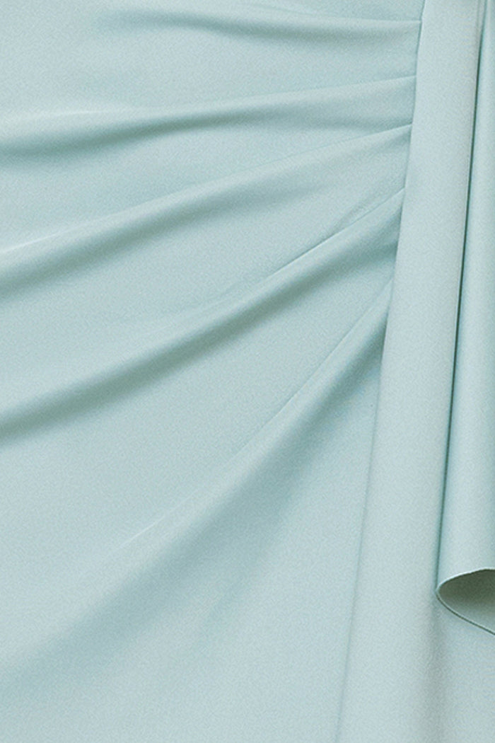 Sage “Klaudia” Scuba Crepe One Shoulder Dress, scuba crepe fabric and draped waist detail