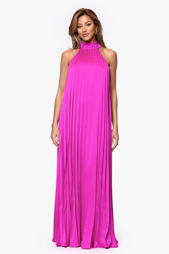 Fuchsia “Klaudine” Satin Mock Neck Dress, front view