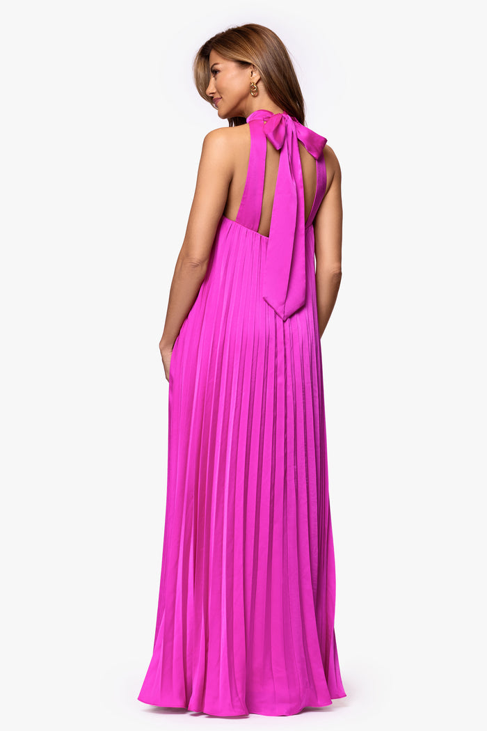 Fuchsia “Klaudine” Satin Mock Neck Dress, back view with neck-tie detail