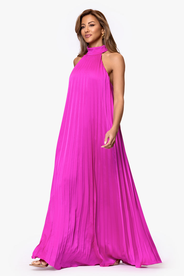 Fuchsia “Klaudine” Satin Mock Neck Dress, angled three-quarter view with skirt movement