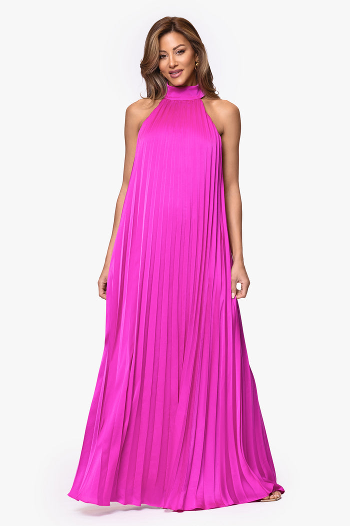 Fuchsia “Klaudine” Satin Mock Neck Dress, alternate front view