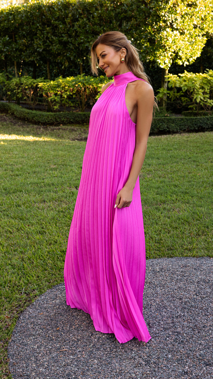 Fuchsia “Klaudine” Satin Mock Neck Dress, editorial angled three-quarter view