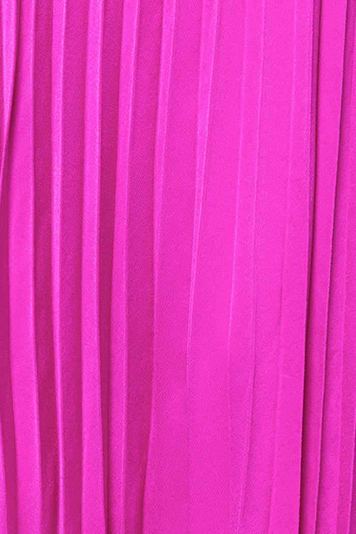 Fuchsia “Klaudine” Satin Mock Neck Dress, pleated satin fabric detail