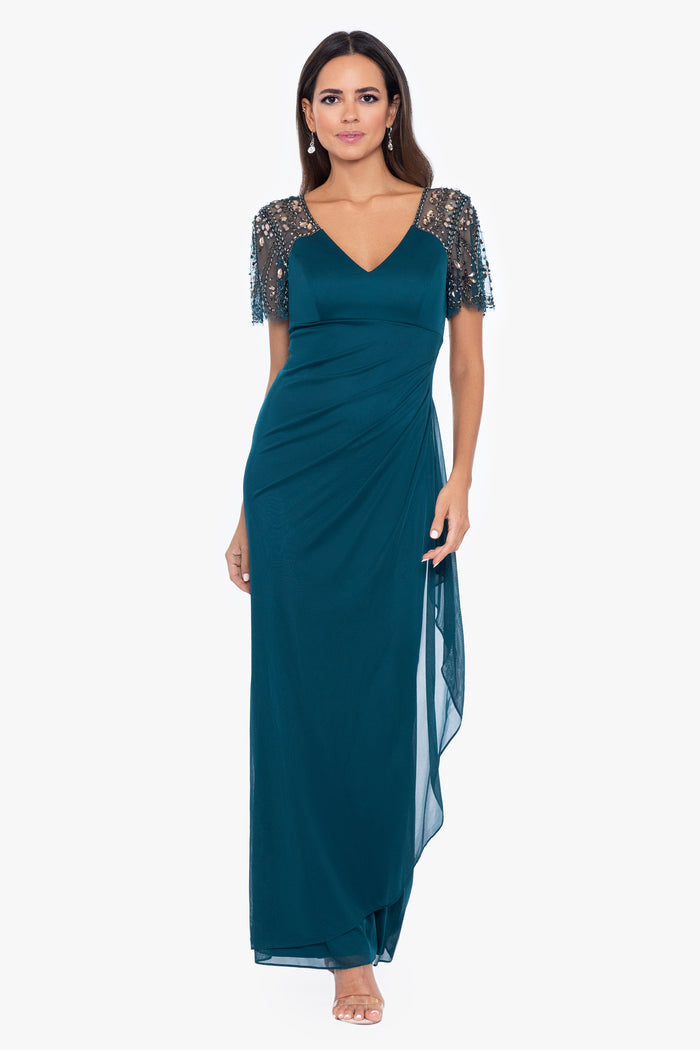"Lana" Sheer Matte Jersey Beaded Flutter Sleeve Dress
