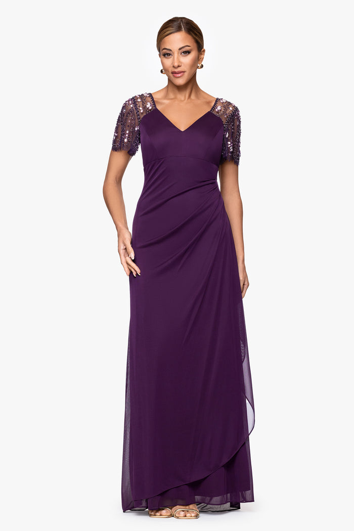 Plum “Lana” Sheer Matte Jersey Beaded Flutter Sleeve Dress, front view