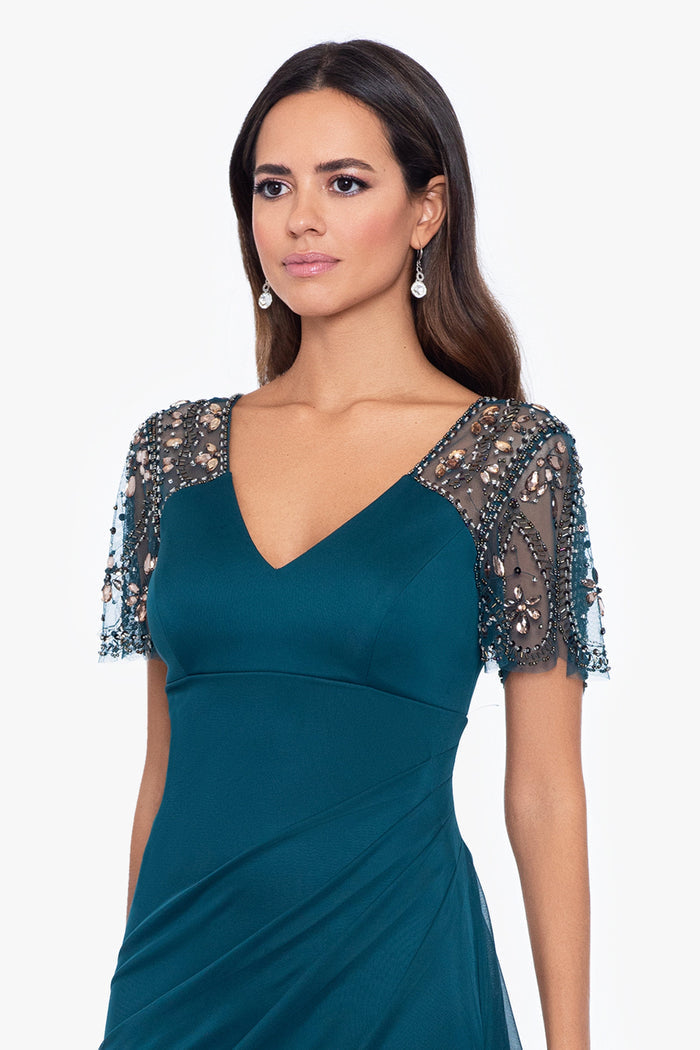 "Lana" Sheer Matte Jersey Beaded Flutter Sleeve Dress