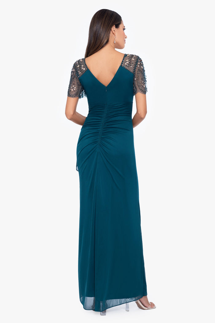 "Lana" Sheer Matte Jersey Beaded Flutter Sleeve Dress