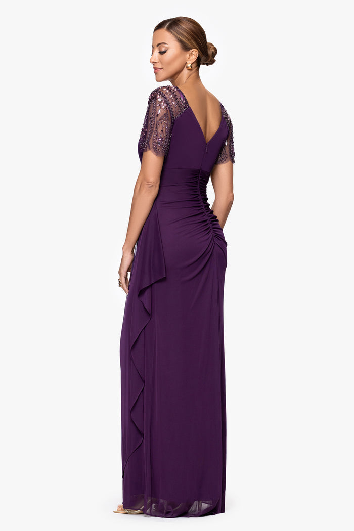 Plum “Lana” Sheer Matte Jersey Beaded Flutter Sleeve Dress, back view