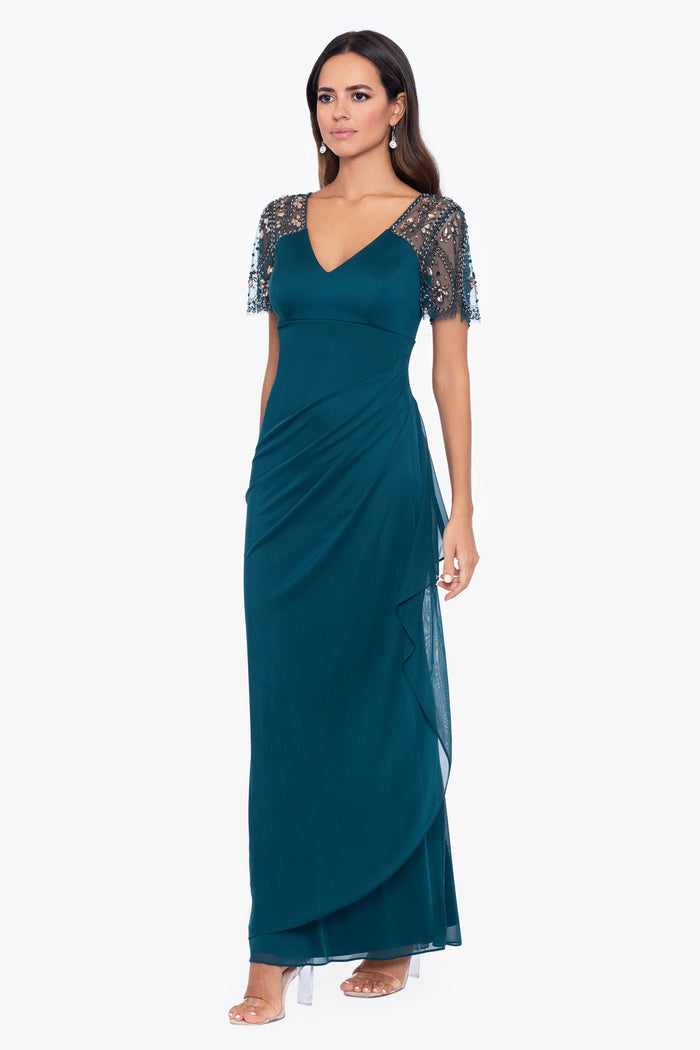 "Lana" Sheer Matte Jersey Beaded Flutter Sleeve Dress