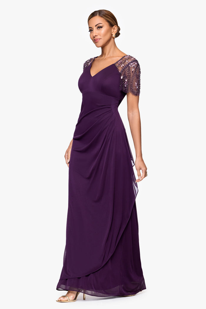 Plum “Lana” Sheer Matte Jersey Beaded Flutter Sleeve Dress, angled three-quarter view showing the sheer draped panel