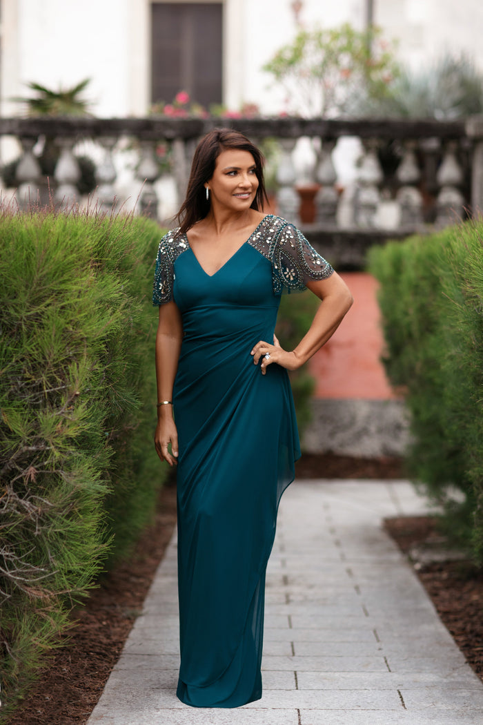 Neo Emerald “Lana” Sheer Matte Jersey Beaded Flutter Sleeve Dress, editorial front view