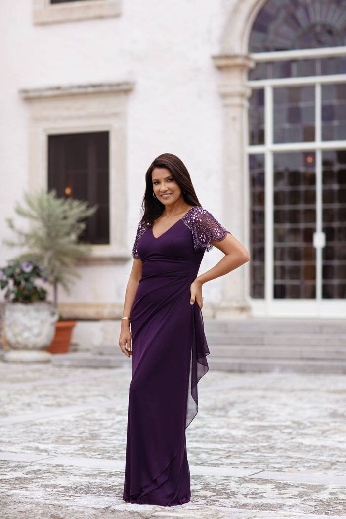 Plum “Lana” Sheer Matte Jersey Beaded Flutter Sleeve Dress, editorial front view